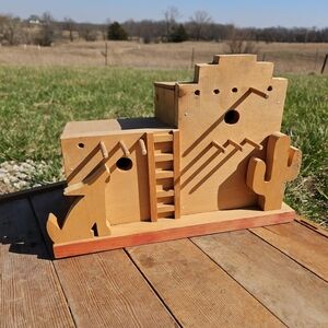 Southwestern Pueblo Style Wooden Birdhouse Coyote Cactus Handmade Rustic Outdoor